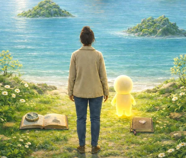 Illustration : une adulte et Glow face à la mer, au soleil