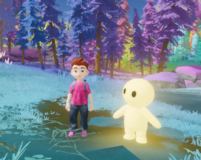 Dans le jeu : l'enfant et Glow sous l'arc-en-ciel, au milieu d'arbres de toutes les couleurs
