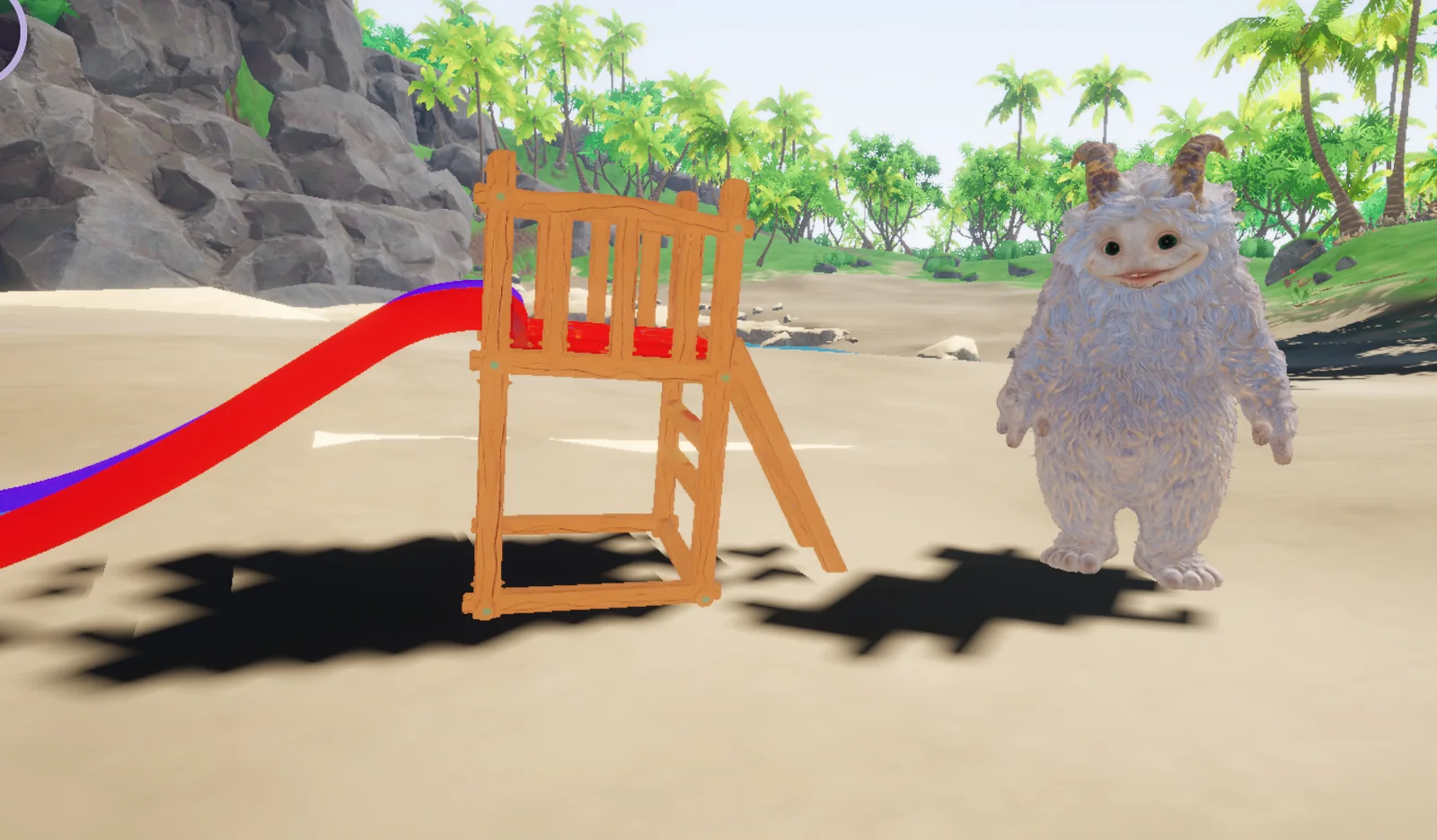 Dans le jeu : Fluffy, sur la plage, près de son toboggan