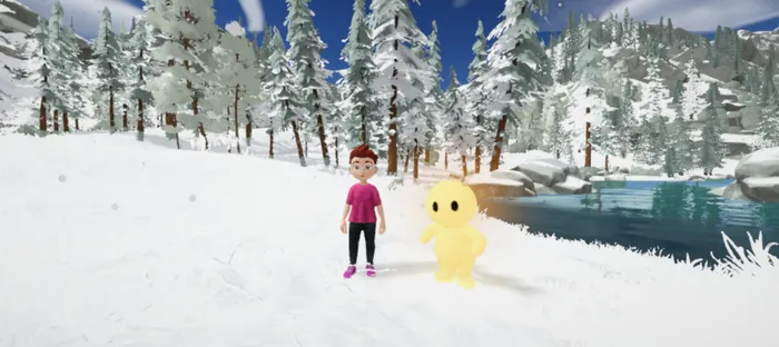 Sous la neige, l'enfant et Glow entre les sapins blancs