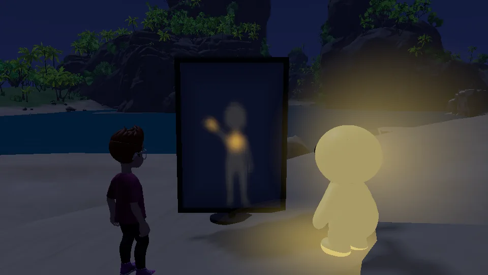 Dans le jeu : la nuit sur une plage, l'enfant, Glow, et une ombre grise dans un grand miroir