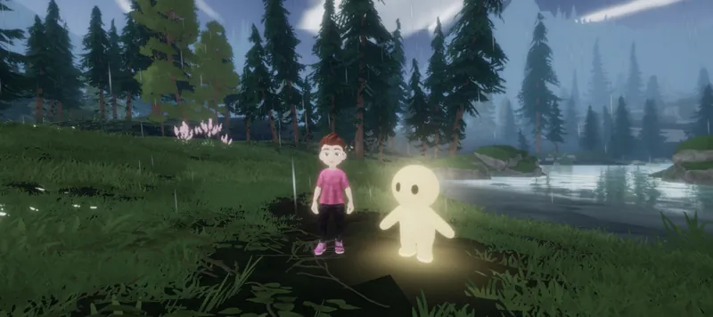 Sous la pluie, l'enfant et Glow près de la rivière