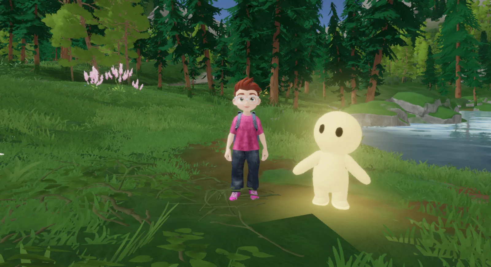 Sous le soleil, l'enfant et Glow près de la rivière